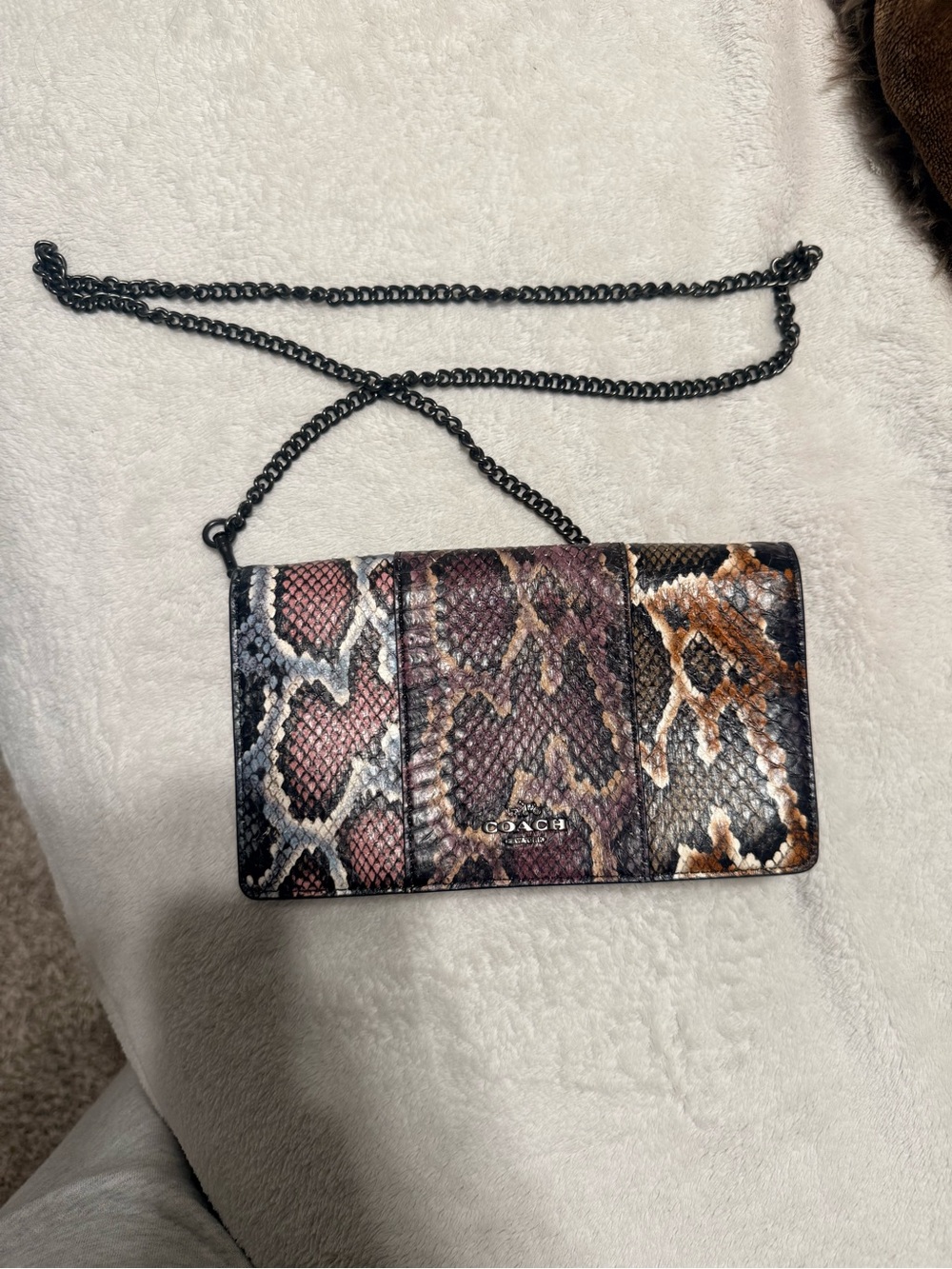 Coach Callie Fold Over Snakeskin Chain Crossbody Wallet — Brown